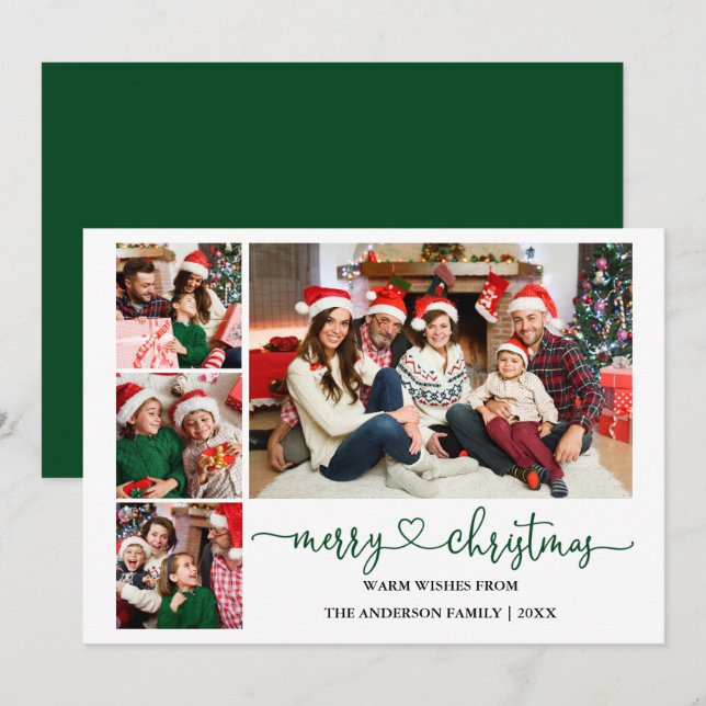 Calligraphy Heart Green Christmas 4 Photos Holiday Card (Front/Back)