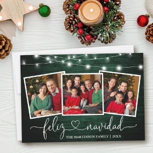 Calligraphy Heart Green Wood Lights Feliz Navidad Holiday Card