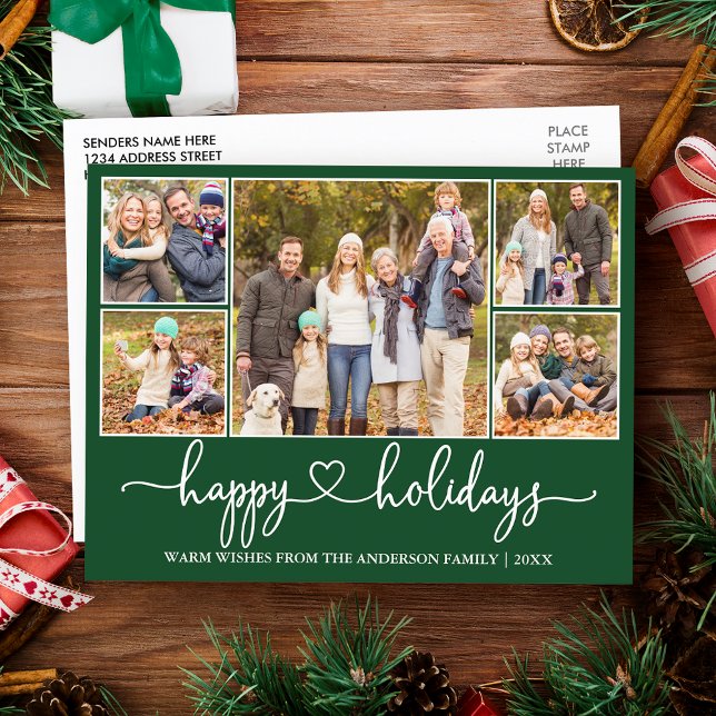 Calligraphy Heart Happy Holidays 5 Photo Green Postcard (Customize to change your personalized text size or text style.)
