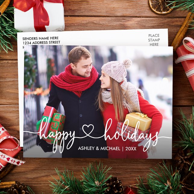 Calligraphy Heart Happy Holidays Photo Postcard (Customize to change your personalized text size or text style.)