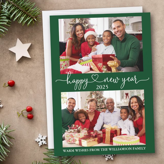 Calligraphy Heart Happy New Year Green 2 Photo Holiday Card (Customize to add text to back of card.)