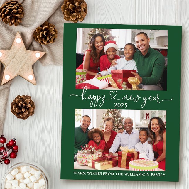 Calligraphy Heart Happy New Year Green 2 Photo Postcard (Customize to change your personalized text size or text style.)