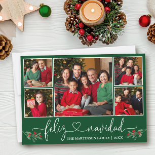 Calligraphy Heart Holly Feliz Navidad Green Holiday Card