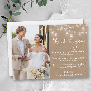 Calligraphy Heart Jar Lights Wedding Kraft Thank You Card