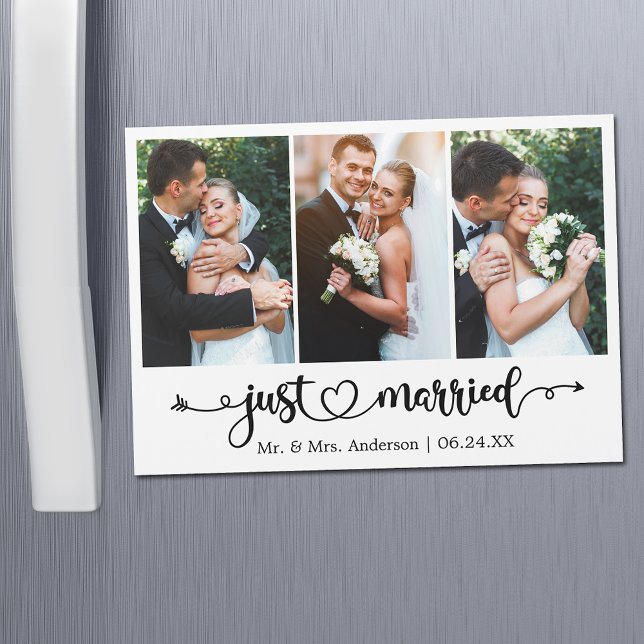 Calligraphy Heart Just Married 3 Photo Magnet Card (Customize to change your personalized text size or text style.)