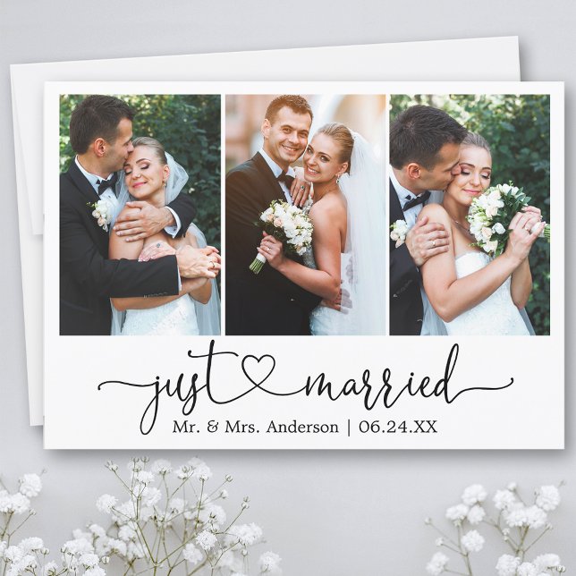 Calligraphy Heart Just Married 3 Photo Wedding Announcement (Customize to add text or more photos to back of card.)
