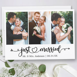 Calligraphy Heart Just Married 3 Photo Wedding Announcement
