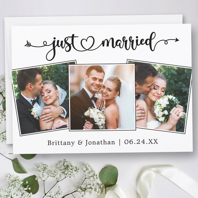 Calligraphy Heart Just Married 3 Photos Wedding Announcement (Customize to change your personalized text size, text style or to add text to back of card.)