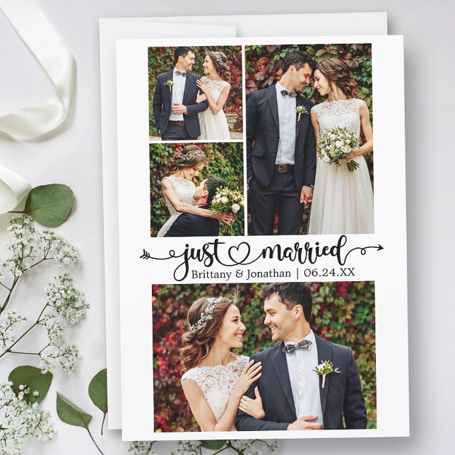 Calligraphy Heart Just Married 4 Photo Wedding Announcement (Customize to change your personalized text size, text style or to add text to back of card.)
