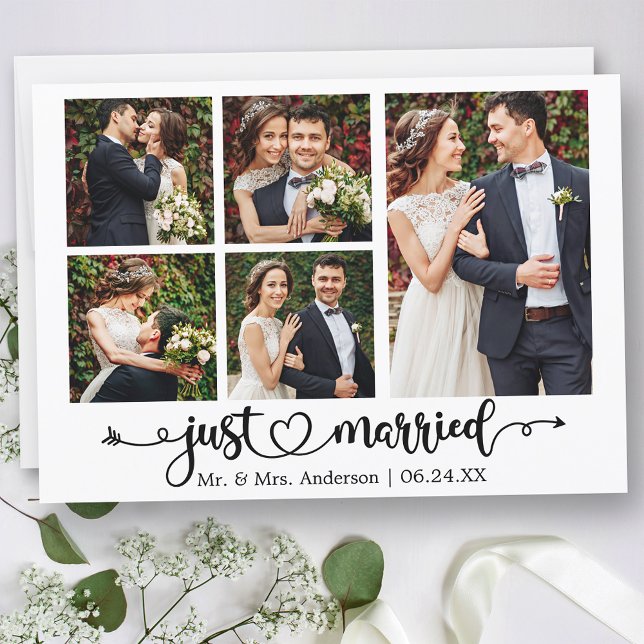 Calligraphy Heart Just Married 5 Photos Wedding Announcement (Customize to change your personalized text size, text style or to add text to back of card.)
