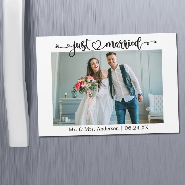 Calligraphy Heart Just Married Wedding Magnet Card (Customize to change your personalized text size or text style.)