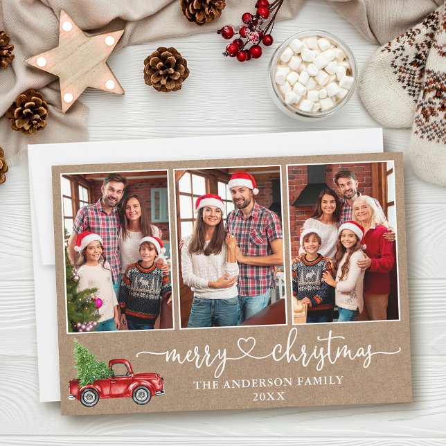 Calligraphy Heart Kraft 3 Photo Christmas Truck Holiday Card (Customize to add text to back of card.)