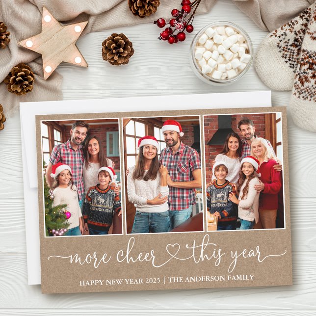 Calligraphy Heart Kraft More Cheer 3 Photo  Holiday Card (Customize to add text to back of card.)