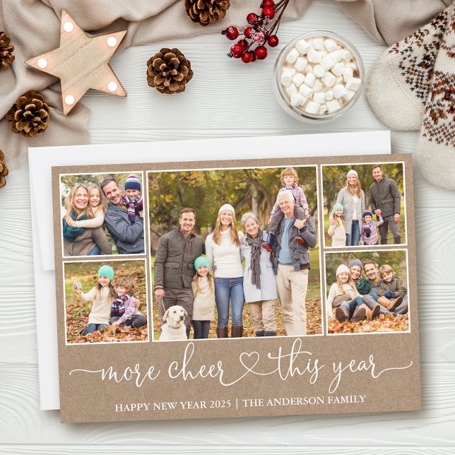 Calligraphy Heart Kraft More Cheer 5 Photo  Holiday Card (Customize to add text to back of card.)