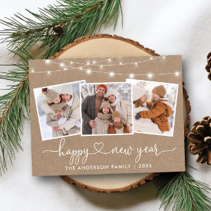 Calligraphy Heart Lights Kraft New Year 3 Photo Postcard