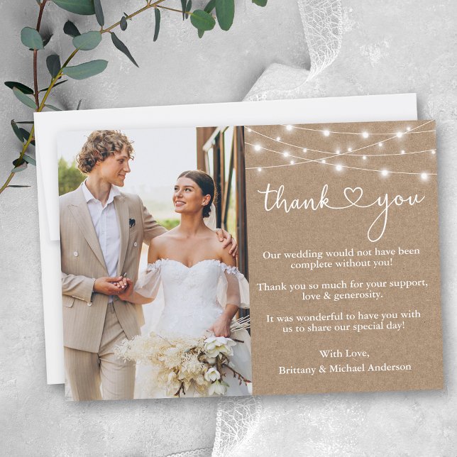 Calligraphy Heart Lights Wedding Photo Kraft Thank You Card (Customize to add more text or photos to back of card.)