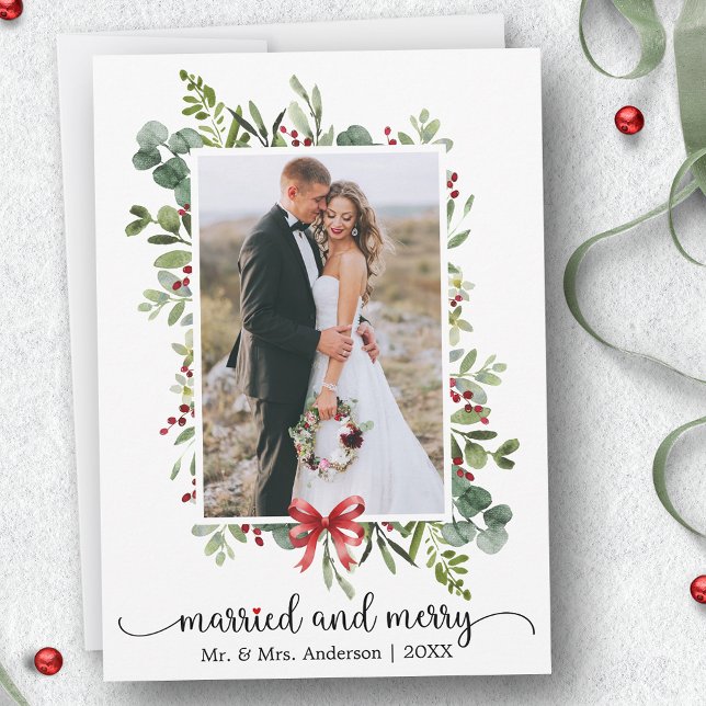 Calligraphy Heart Married and Merry Red Bow Photo Holiday Card (Customize to change your personalized text size or text style.)