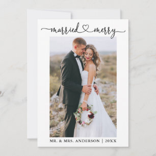 Calligraphy Heart Married and Merry Wedding Photo Holiday Card