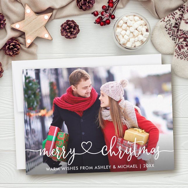 Calligraphy Heart Merry Christmas Photo Holiday Card (Customize to add text to back of card.)