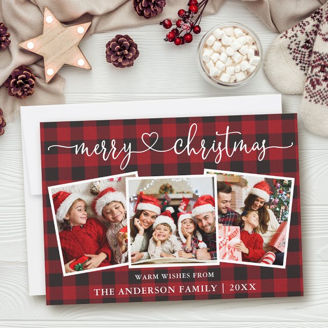Calligraphy Heart Merry Christmas Plaid 3 Photo Holiday Card (Customize to add text to back of card.)