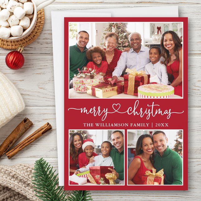 Calligraphy Heart Merry Christmas Red 3 Photo Holiday Card (Customize to add text to back of card.)