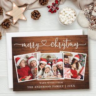Calligraphy Heart Merry Christmas Wood 3 Photo Holiday Card