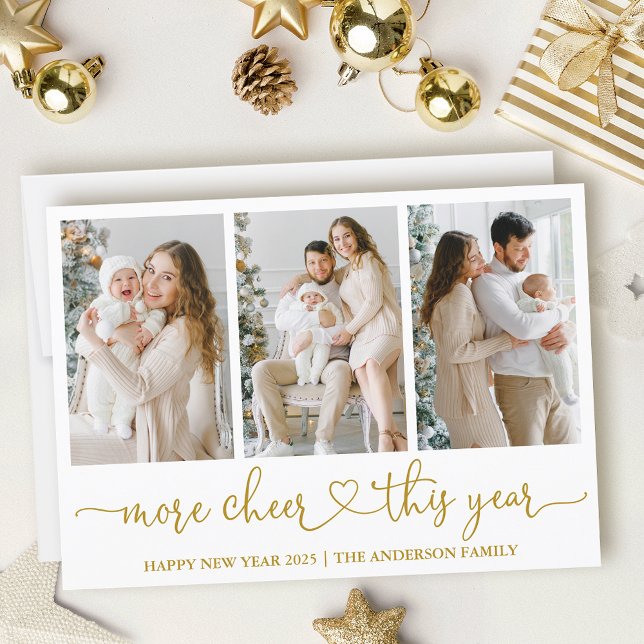 Calligraphy Heart More Cheer 3 Photo Gold Holiday Card (Customize to add text to back of card.)