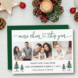 Calligraphy Heart More Cheer 3 Photo Pines Holiday Card
