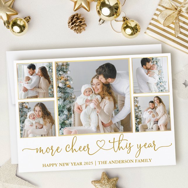 Calligraphy Heart More Cheer 5 Photo Gold Frames Holiday Card (Customize to add text to back of card.)