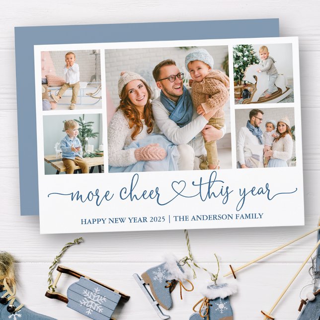 Calligraphy Heart More Cheer 5 Photos Dusty Blue Holiday Card (Customize to add text to back of card.)