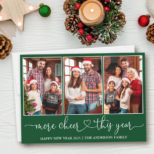 Calligraphy Heart More Cheer Green 3 Photo Holiday Card