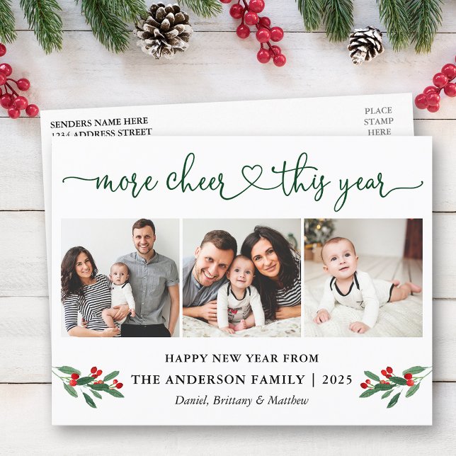 Calligraphy Heart More Cheer Holly 3 Photo Postcard (Customize to change your personalized text size or text style.)