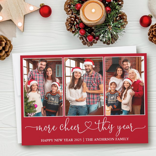 Calligraphy Heart More Cheer Red 3 Photo  Holiday Card (Customize to add text to back of card.)