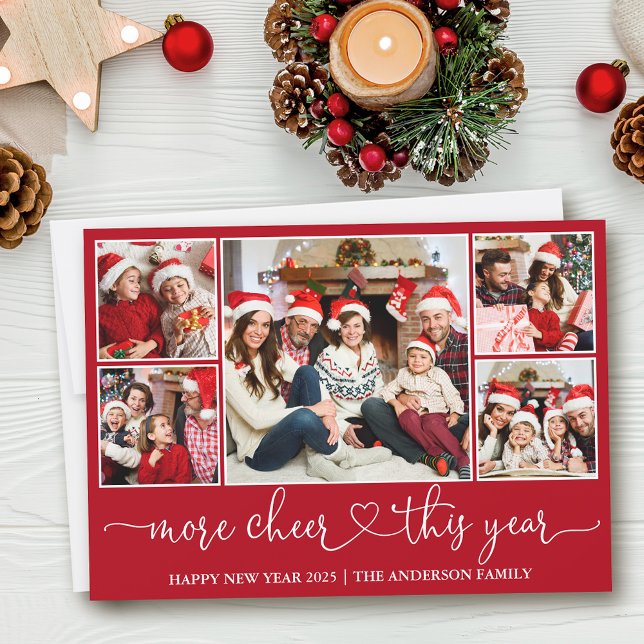Calligraphy Heart More Cheer Red 5 Photo  Holiday Card (Customize to add text to back of card.)