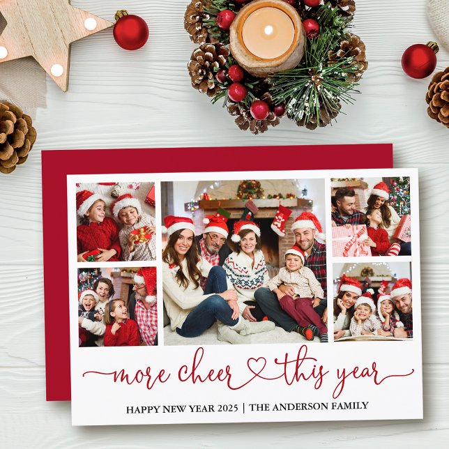 Calligraphy Heart More Cheer This Year 5 Photo Red Holiday Card (Customize to add text to back of card or to change color of  back of card.)