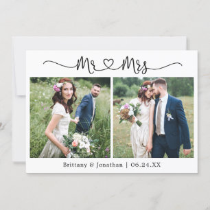 Calligraphy Heart Mr. and Mrs. 2 Photo Wedding Thank You Card