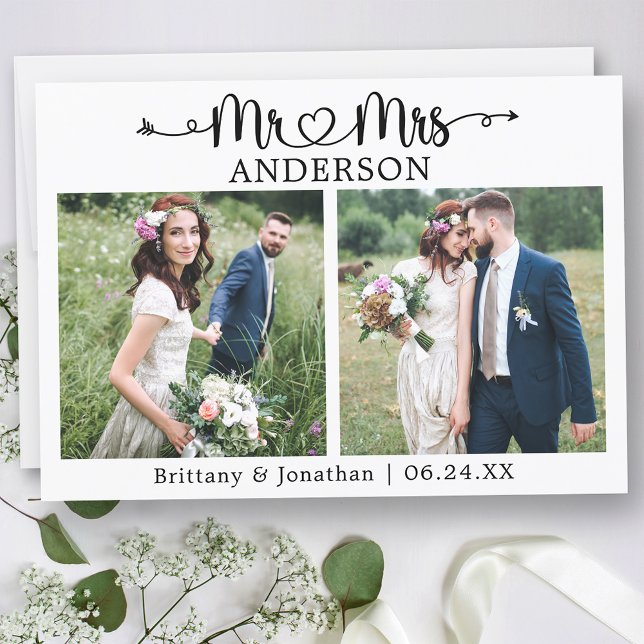 Calligraphy Heart Mr. and Mrs. 2 Photo Wedding Thank You Card (Customize to change your personalized text size or text style.)