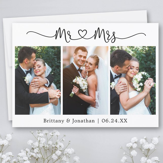 Calligraphy Heart Mr. and Mrs. 3 Photo Wedding Thank You Card (Customize to change your personalized text size or text style.)
