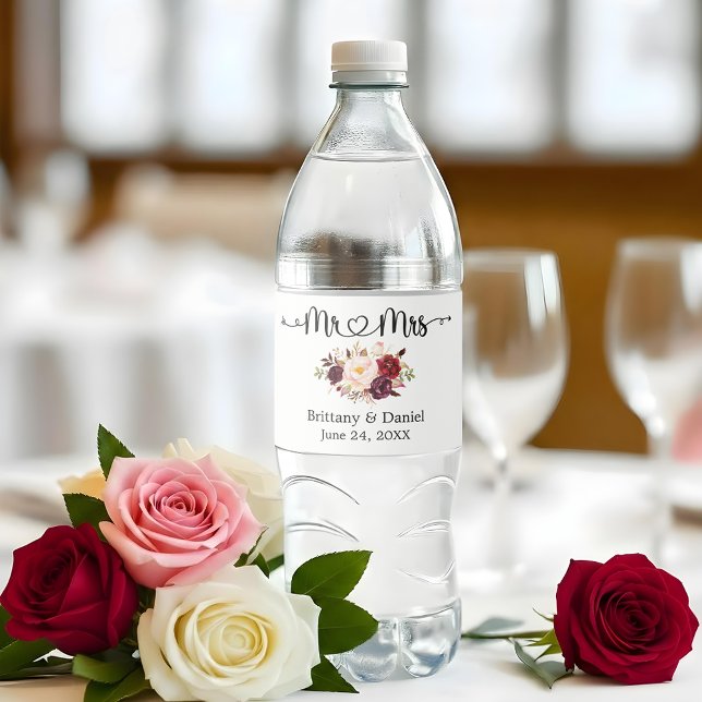 Calligraphy Heart Mr. and Mrs. Floral Wedding  Water Bottle Label (Customize to change your personalized text size or text style.)