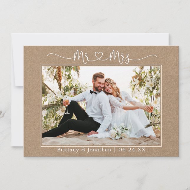 Calligraphy Heart Mr. and Mrs. Kraft Wedding Photo Thank You Card (Front)
