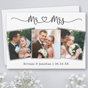 Calligraphy Heart Mr. and Mrs. Wedding 3 Photo  Thank You Card