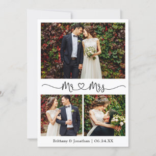 Calligraphy Heart Mr. and Mrs. Wedding 3 Photo Thank You Card