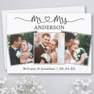 Calligraphy Heart Mr. and Mrs. Wedding 3 Photos  Thank You Card