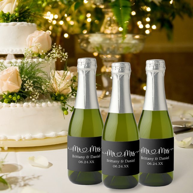 Calligraphy Heart Mr. and Mrs. Wedding Black Sparkling Wine Label (Customize to change background color.)