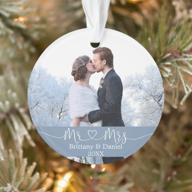 Calligraphy Heart Mr. and Mrs. Wedding Dusty Blue Ornament (Tree)
