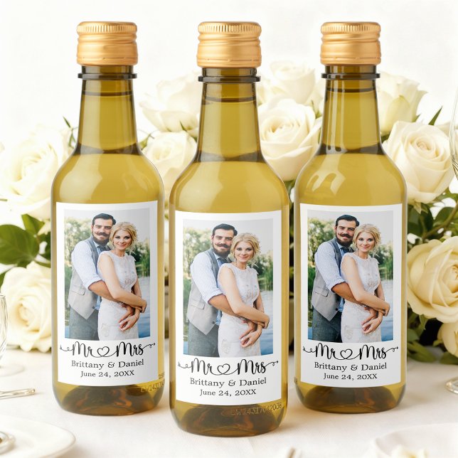 Calligraphy Heart Mr. and Mrs. Wedding Mini Wine Label (Customize to change your personalized text size or text style.)