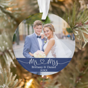 Calligraphy Heart Mr. and Mrs. Wedding Photo Blue Ornament