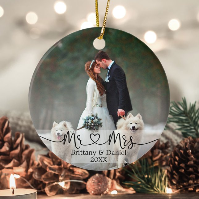 Calligraphy Heart Mr. and Mrs. Wedding Photo Ceramic Tree Decoration (Customize to change your personalized text style or size.)