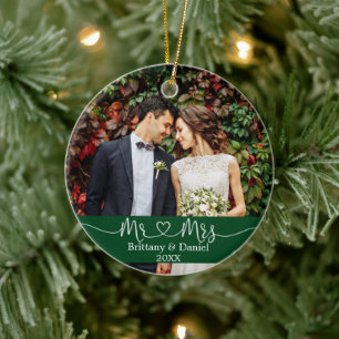 Calligraphy Heart Mr. and Mrs. Wedding Photo Green Ceramic Tree Decoration