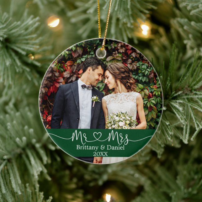 Calligraphy Heart Mr. and Mrs. Wedding Photo Green Ceramic Tree Decoration (Tree)